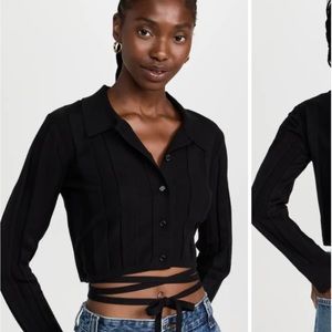 Something Navy Black Waist Tie Up Button Up Sweater